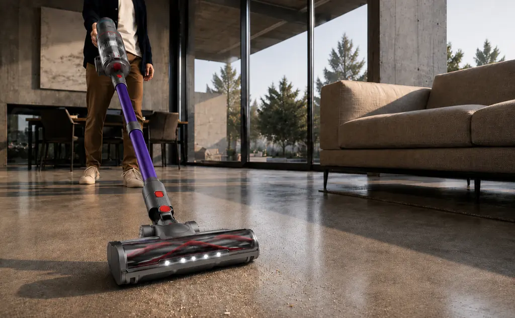 Aspirateur balai sans fil en cours d'utilisation sur un sol beton dans un salon lumineux